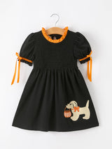Girls Halloween Dog Pumpkin Applique Dress Puff Sleeve