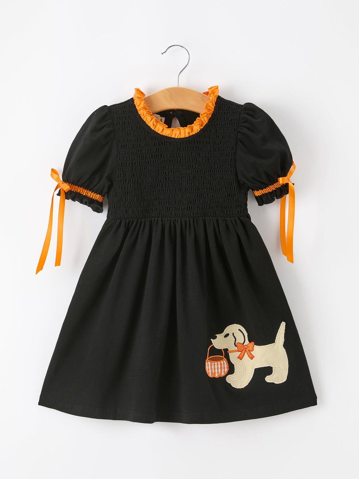 Girls Halloween Dog Pumpkin Applique Dress Puff Sleeve - Rylee Faith Designs - Flyclothing LLC