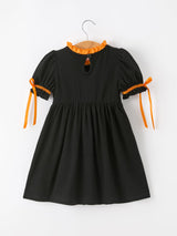 Girls Halloween Dog Pumpkin Applique Dress Puff Sleeve