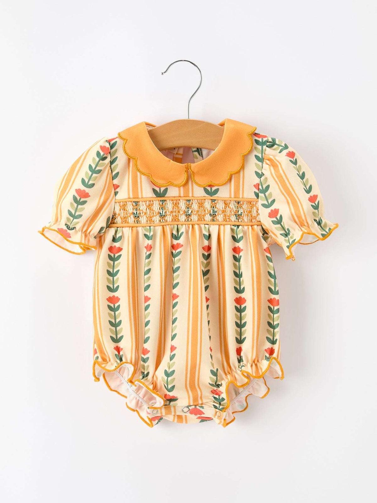 Fall Floral Stripe Baby Girls Romper Petals Collar Smocked