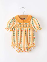 Fall Floral Stripe Baby Girls Romper Petals Collar Smocked