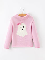 Girls Ghost Bow Knit Sweater Halloween Cute Embroidered Pullover - Rylee Faith Designs - Flyclothing LLC