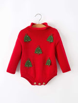 Baby Girls Christmas Red Knit Tree Appliqué Romper - Rylee Faith Designs - Flyclothing LLC