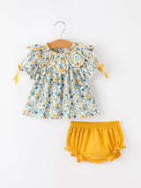 Floral Girls Outfit Set Yellow Puff Sleeve Top Bloomers Set - Rylee Faith Designs - Flyclothing LLC