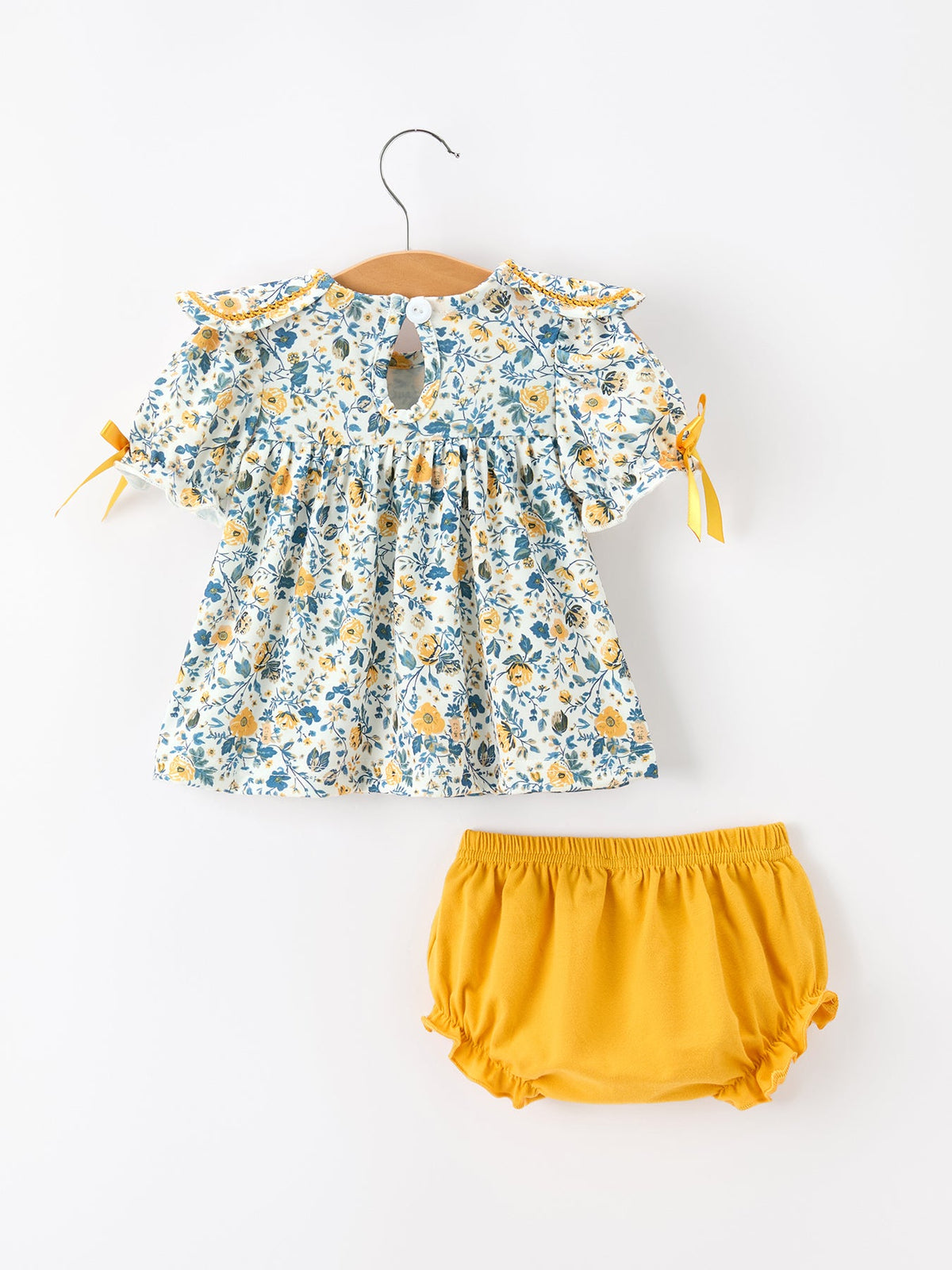 Floral Girls Outfit Set Yellow Puff Sleeve Top Bloomers Set - Rylee Faith Designs - Flyclothing LLC
