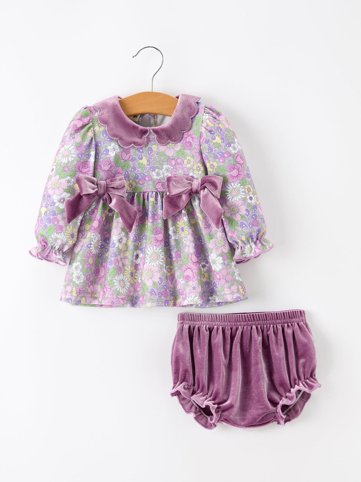 Purple Floral Velvet Baby Girl Outfit Set Ruffle Bow Bloomers - Rylee Faith Designs - Flyclothing LLC