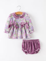 Purple Floral Velvet Baby Girl Outfit Set Ruffle Bow Bloomers - Rylee Faith Designs - Flyclothing LLC