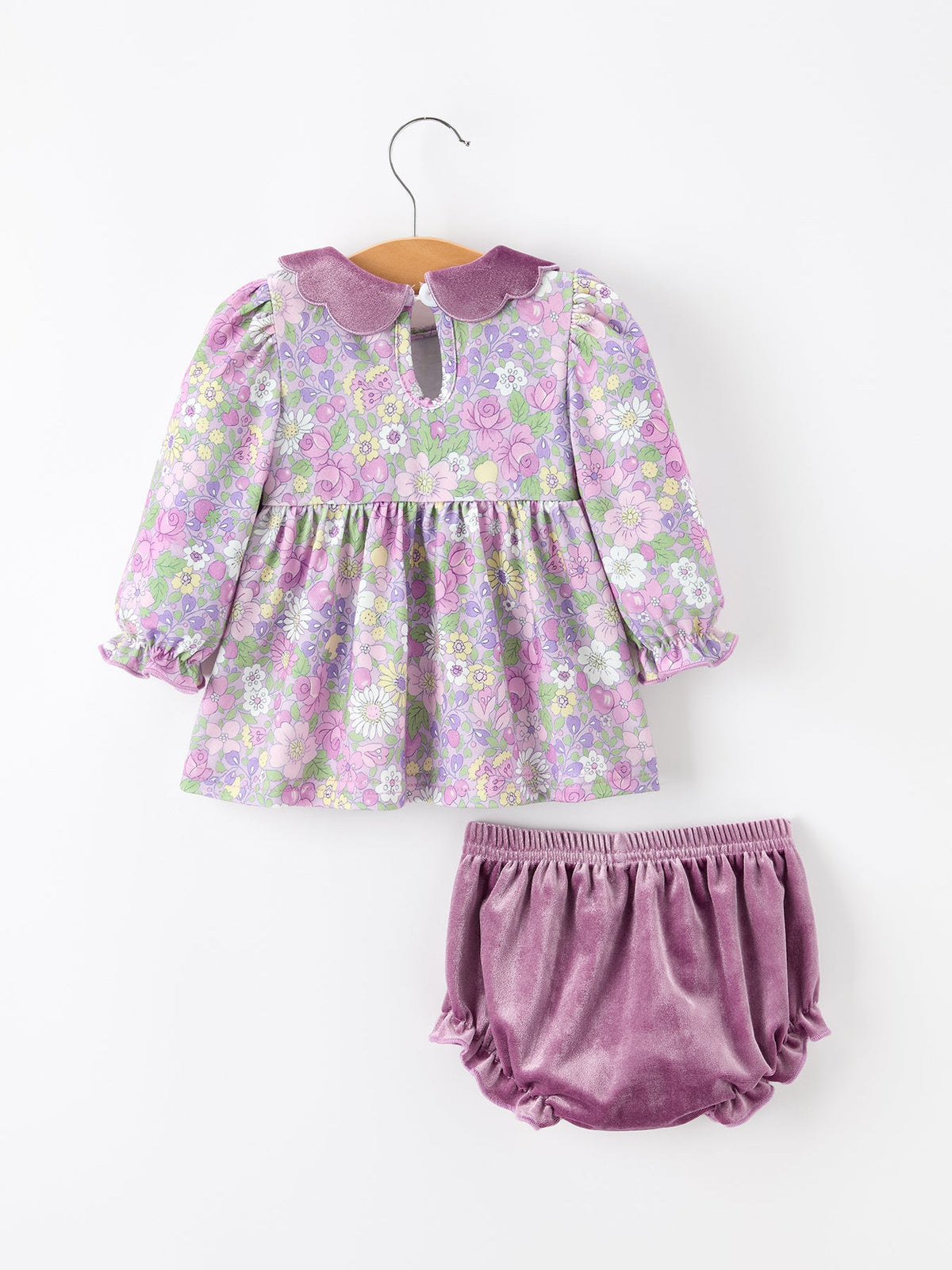 Purple Floral Velvet Baby Girl Outfit Set Ruffle Bow Bloomers - Rylee Faith Designs - Flyclothing LLC
