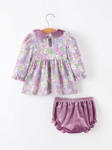 Purple Floral Velvet Baby Girl Outfit Set Ruffle Bow Bloomers - Rylee Faith Designs - Flyclothing LLC