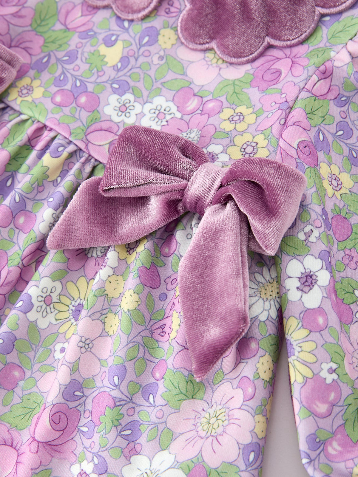 Purple Floral Velvet Baby Girl Outfit Set Ruffle Bow Bloomers - Rylee Faith Designs - Flyclothing LLC