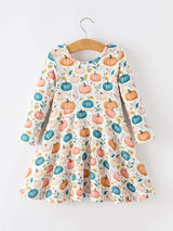 Fall Colorful Pumpkin Girls' Long-Sleeved Dress - Rylee Faith Designs - Flyclothing LLC