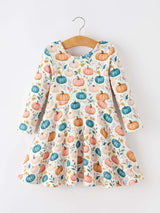 Fall Colorful Pumpkin Girls' Long-Sleeved Dress - Rylee Faith Designs - Flyclothing LLC
