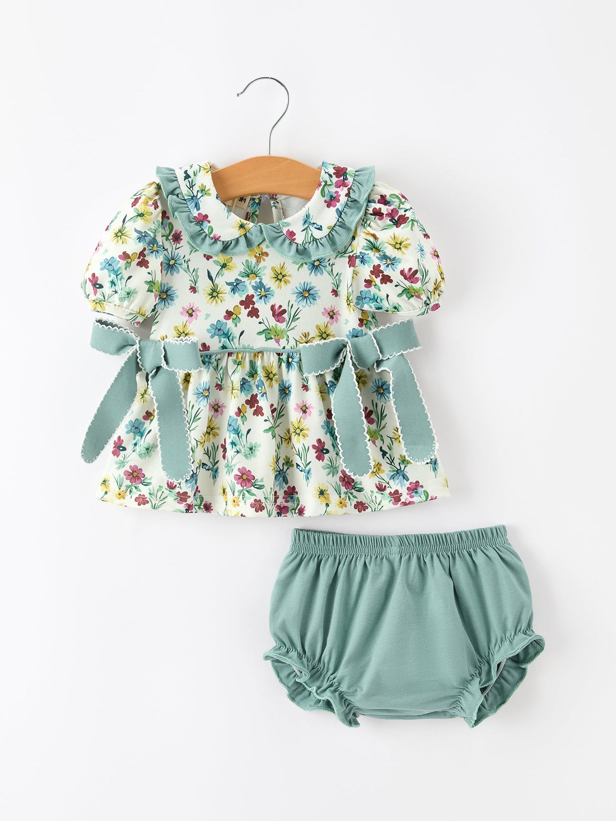 Green Floral Girls Outfit Set Ruffle Collar Bow Baby Bloomer Set - Rylee Faith Designs - Flyclothing LLC