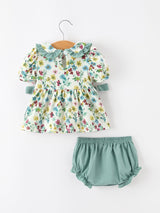 Green Floral Girls Outfit Set Ruffle Collar Bow Baby Bloomer Set - Rylee Faith Designs - Flyclothing LLC