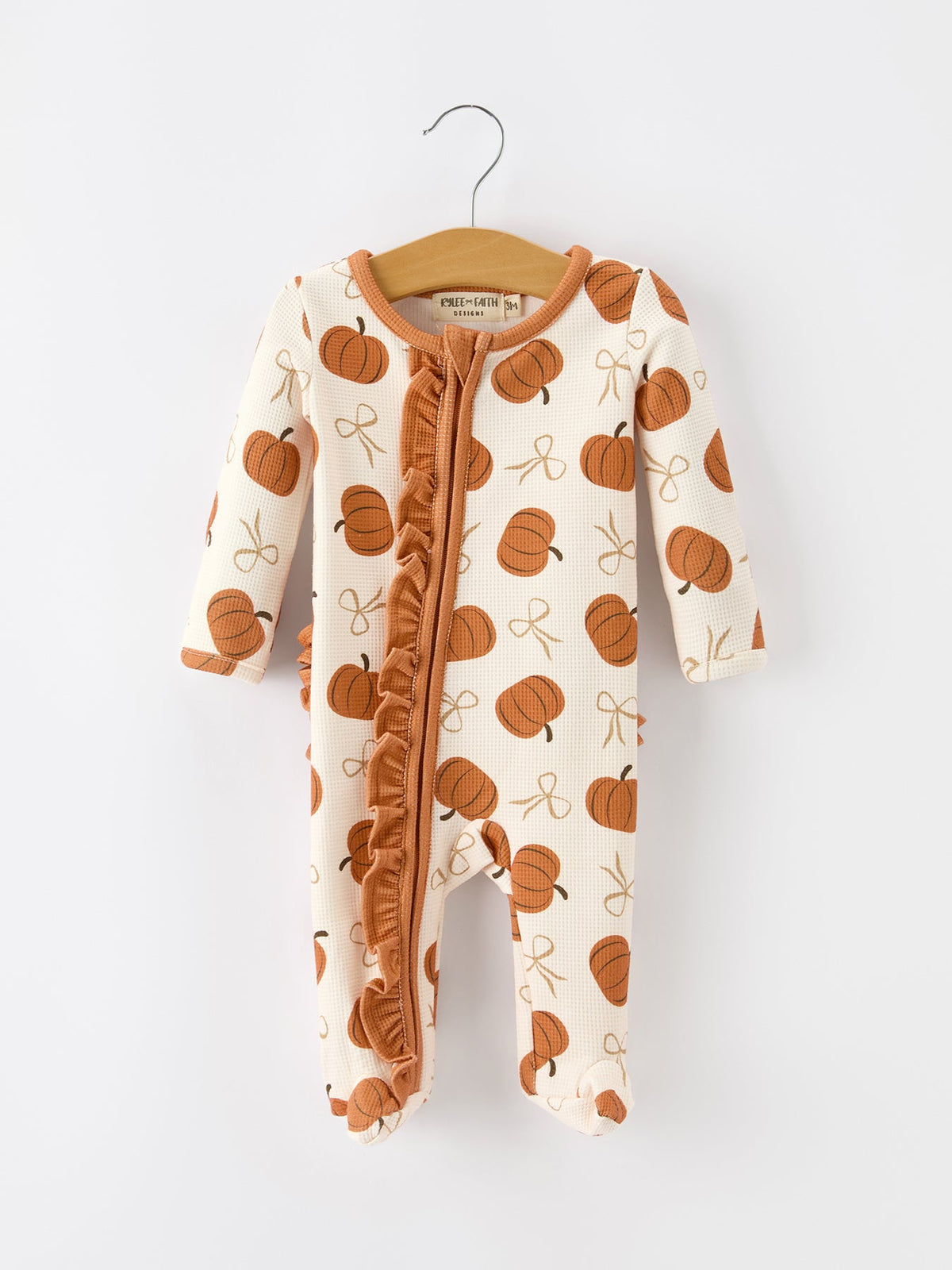 Fall Thanksgiving Pumpkin Ruffle Zip Sleeper Waffle Jumpsuit - Rylee Faith Designs - Flyclothing LLC