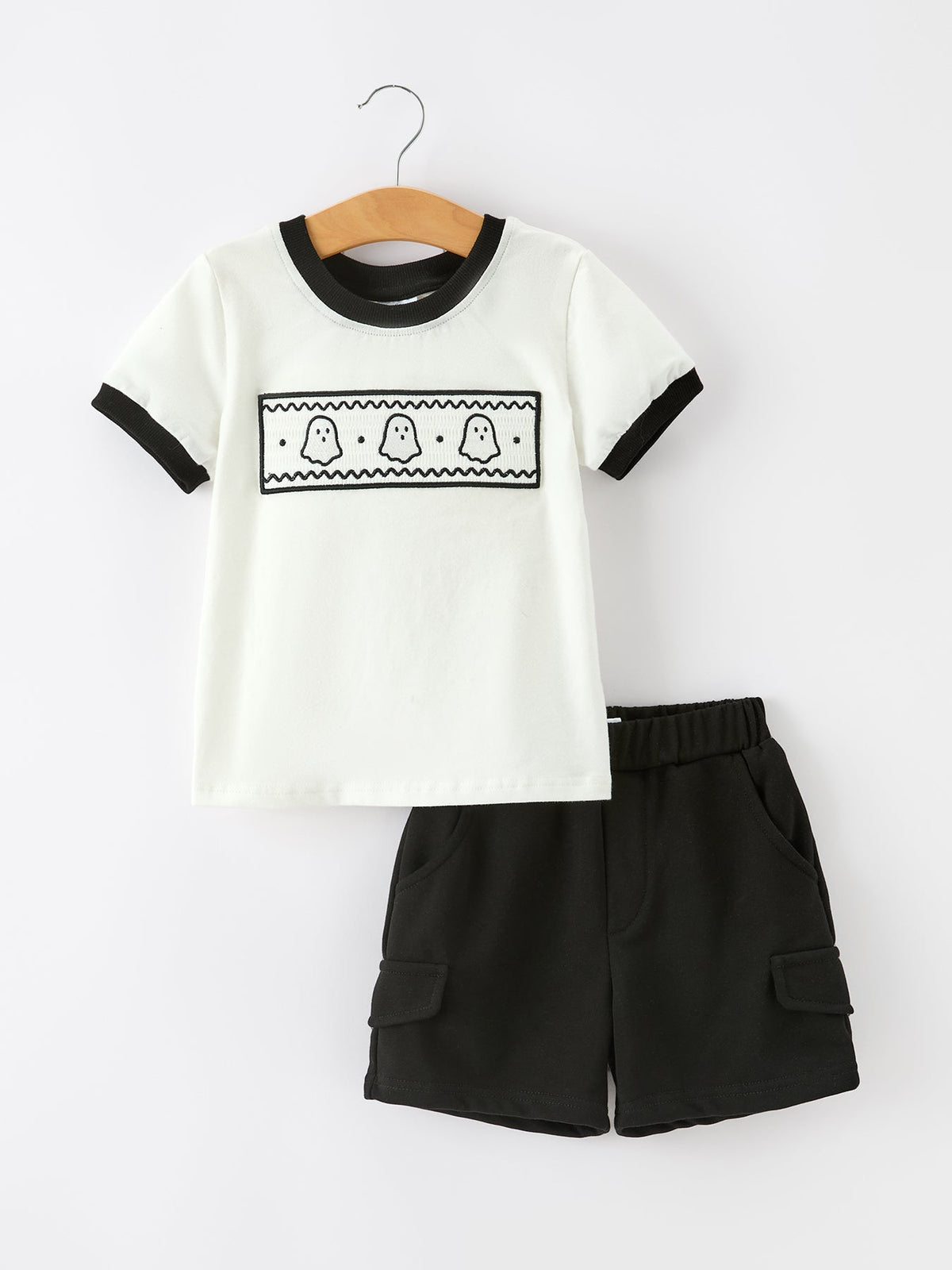 Halloween Ghost Smocked Embroidered Tee Boys Short Set - Rylee Faith Designs - Flyclothing LLC