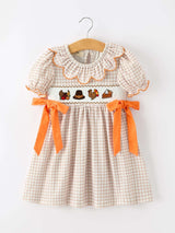 Thanksgiving Smocked Girls Dress Turkey Pumpkin Pie Embroidery