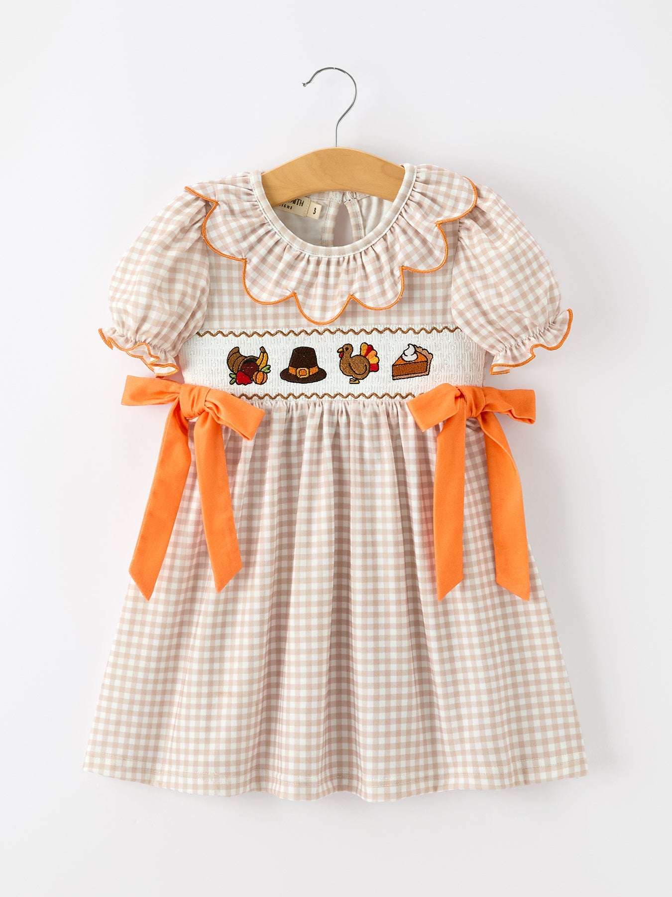 Thanksgiving Smocked Girls Dress Turkey Pumpkin Pie Embroidery
