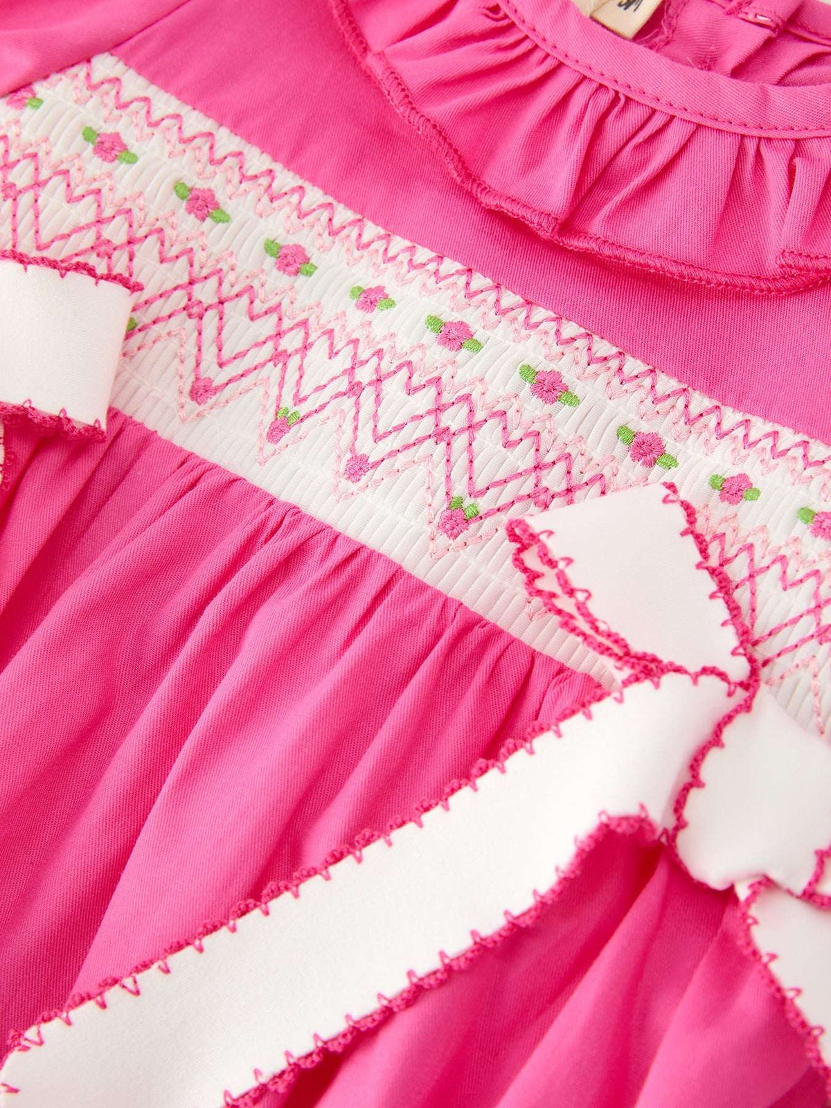 Fall Baby Girl Hot Pink Ruffle Smocked Embroidery Romper