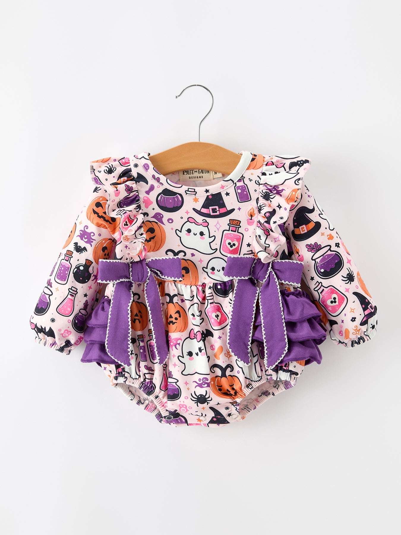 Halloween Pumpkin Ghost Baby Girl Bubble Romper Ruffle Bow Detail