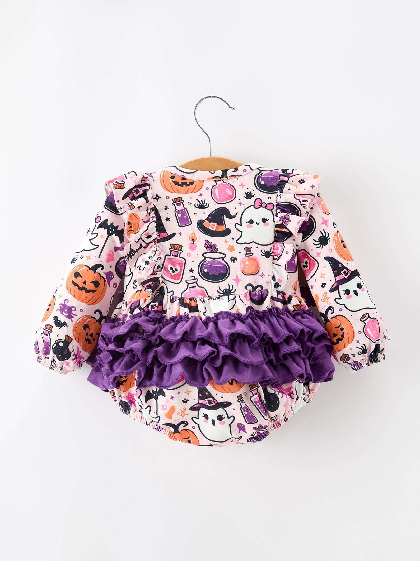 Halloween Pumpkin Ghost Baby Girl Bubble Romper Ruffle Bow Detail