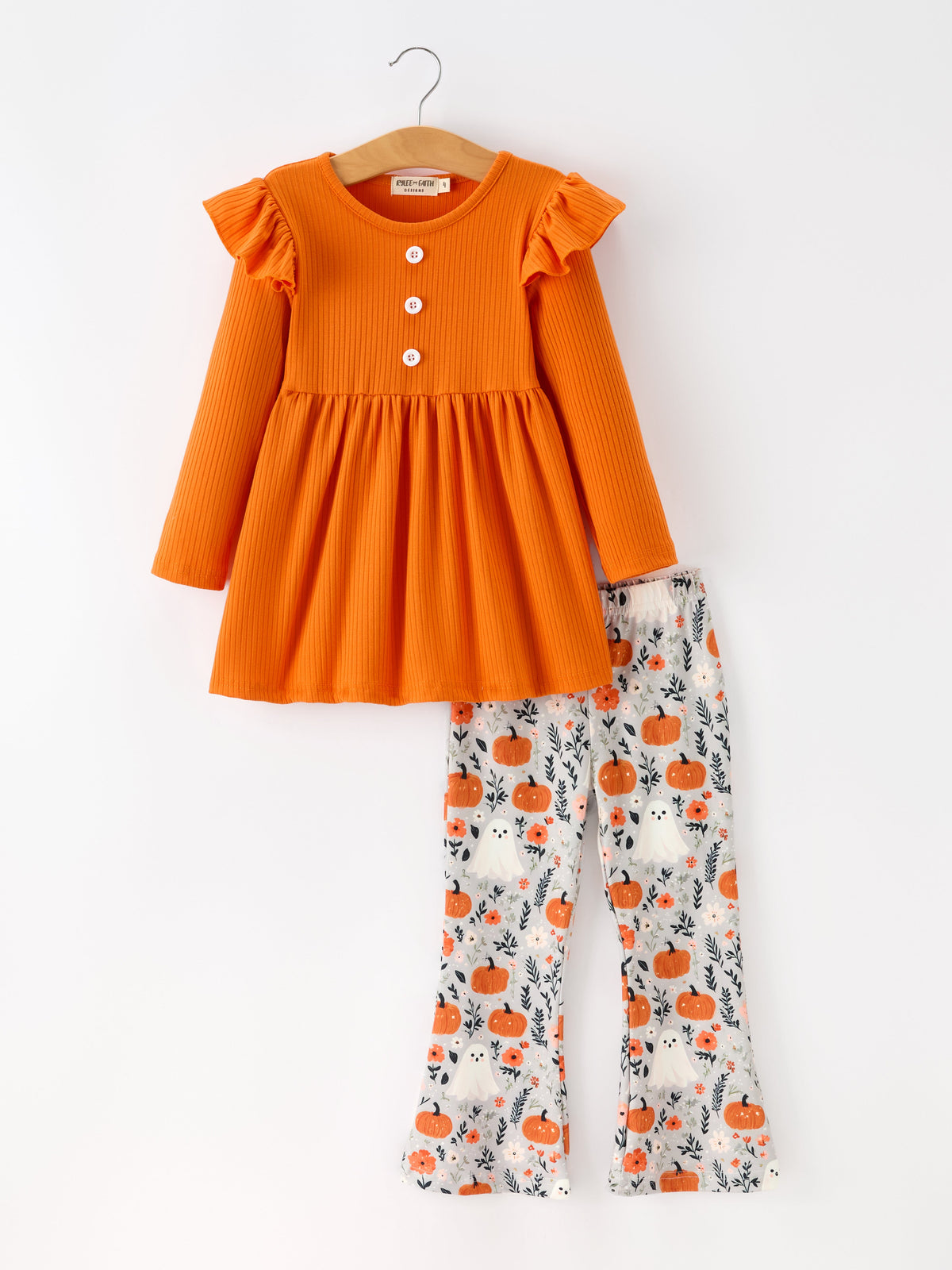 Fall Halloween Pumpkin Ghost Print Girls Long Sleeve Set - Rylee Faith Designs - Flyclothing LLC