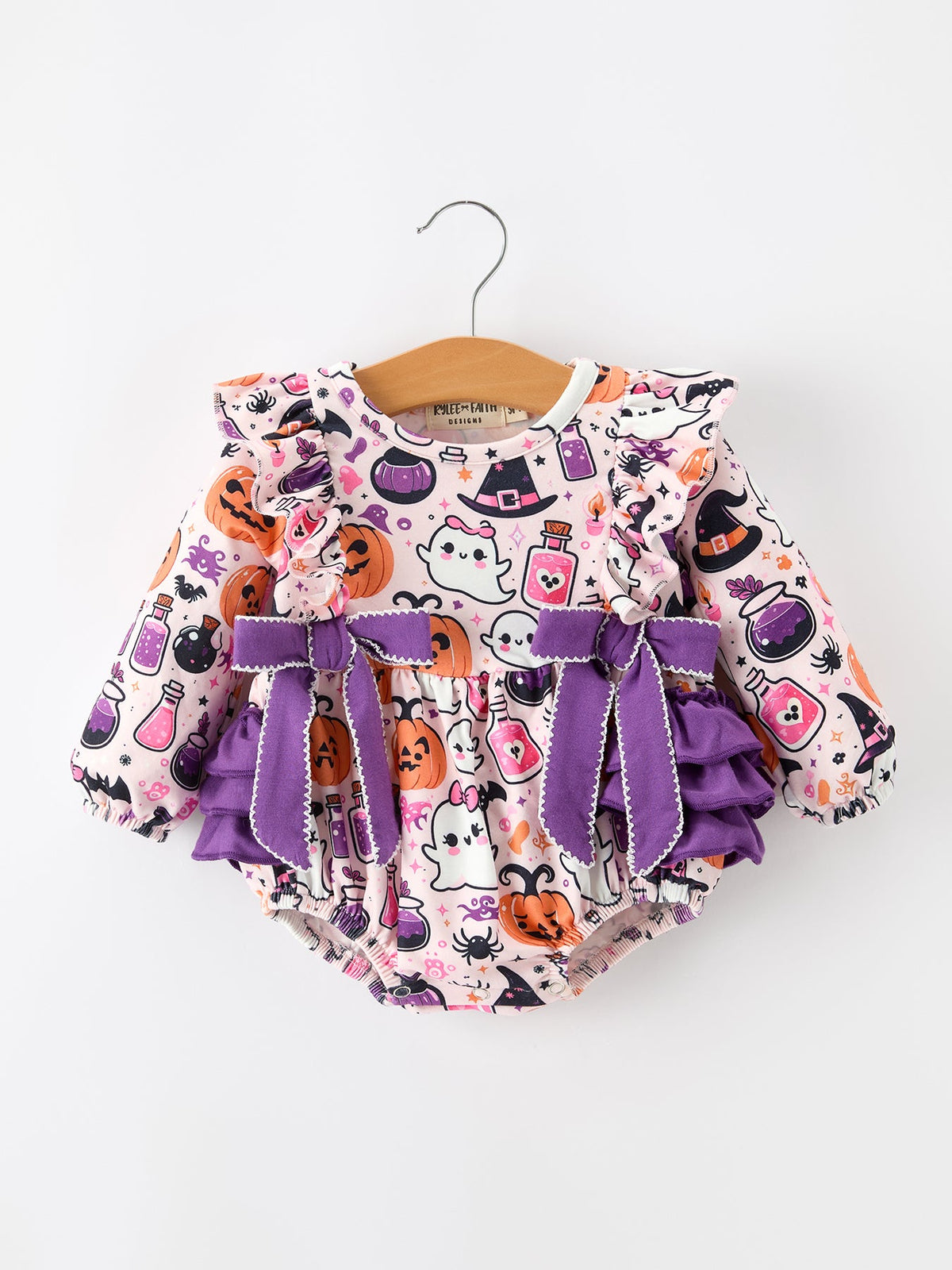 Halloween Pumpkin Ghost Baby Girl Bubble Romper Ruffle Bow Detail - Rylee Faith Designs - Flyclothing LLC