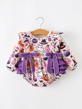 Halloween Pumpkin Ghost Baby Girl Bubble Romper Ruffle Bow Detail - Rylee Faith Designs - Flyclothing LLC