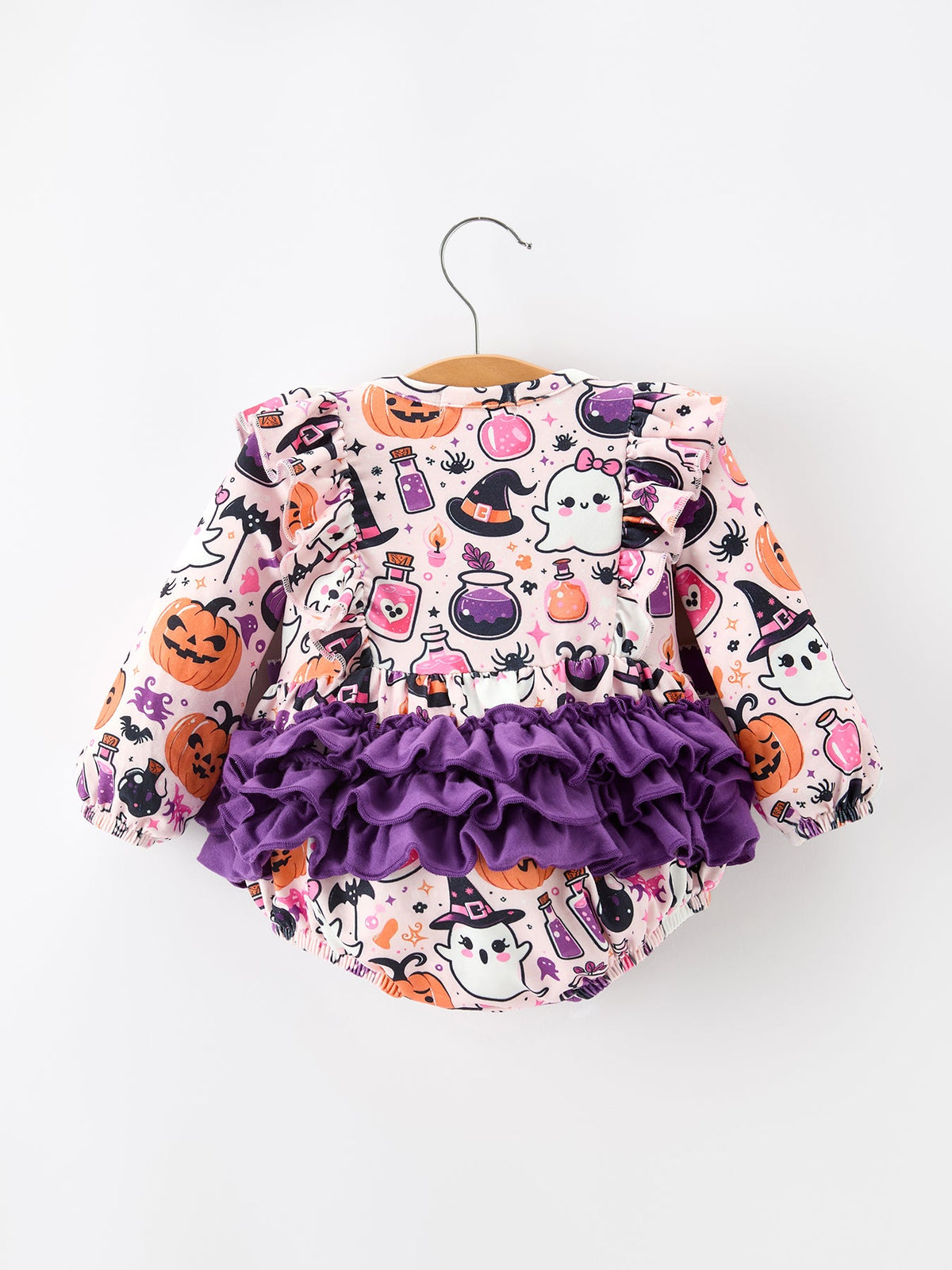 Halloween Pumpkin Ghost Baby Girl Bubble Romper Ruffle Bow Detail - Rylee Faith Designs - Flyclothing LLC