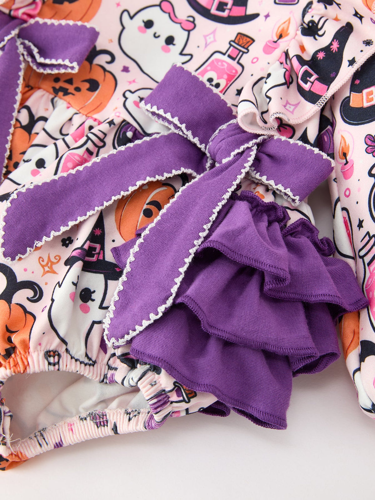 Halloween Pumpkin Ghost Baby Girl Bubble Romper Ruffle Bow Detail - Rylee Faith Designs - Flyclothing LLC