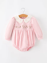 Fall Pink Smocked Baby Girl Bubble Romper Peter Pan Collar Floral Detail - Rylee Faith Designs - Flyclothing LLC