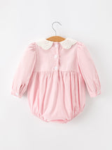 Fall Pink Smocked Baby Girl Bubble Romper Peter Pan Collar Floral Detail - Rylee Faith Designs - Flyclothing LLC