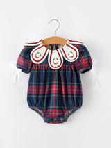 Navy Red Christmas Plaid Wreath Baby Girl Bubble Romper - Rylee Faith Designs - Flyclothing LLC