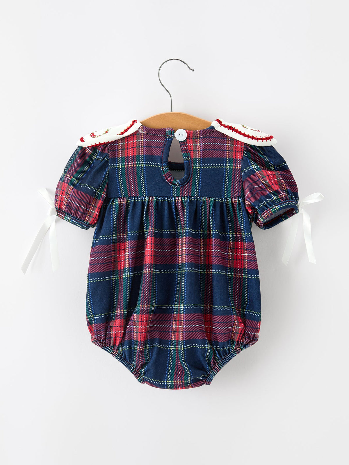 Navy Red Christmas Plaid Wreath Baby Girl Bubble Romper - Rylee Faith Designs - Flyclothing LLC
