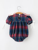 Navy Red Christmas Plaid Wreath Baby Girl Bubble Romper - Rylee Faith Designs - Flyclothing LLC