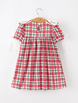 Red Christmas Plaid Wreath Embroidered Girl Dress