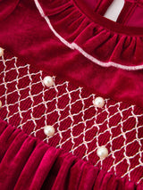 Christmas Velvet Smocked Girls Dress with Pearl Detail - Rylee Faith Designs - Flyclothing LLC