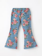 Girls Floral Denim Bell Bottom Pants Rose Print Flare Jeans