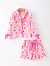 Halloween Pumpkin Ghost Print Girls Pajama Set Long Sleeve Top and Shorts