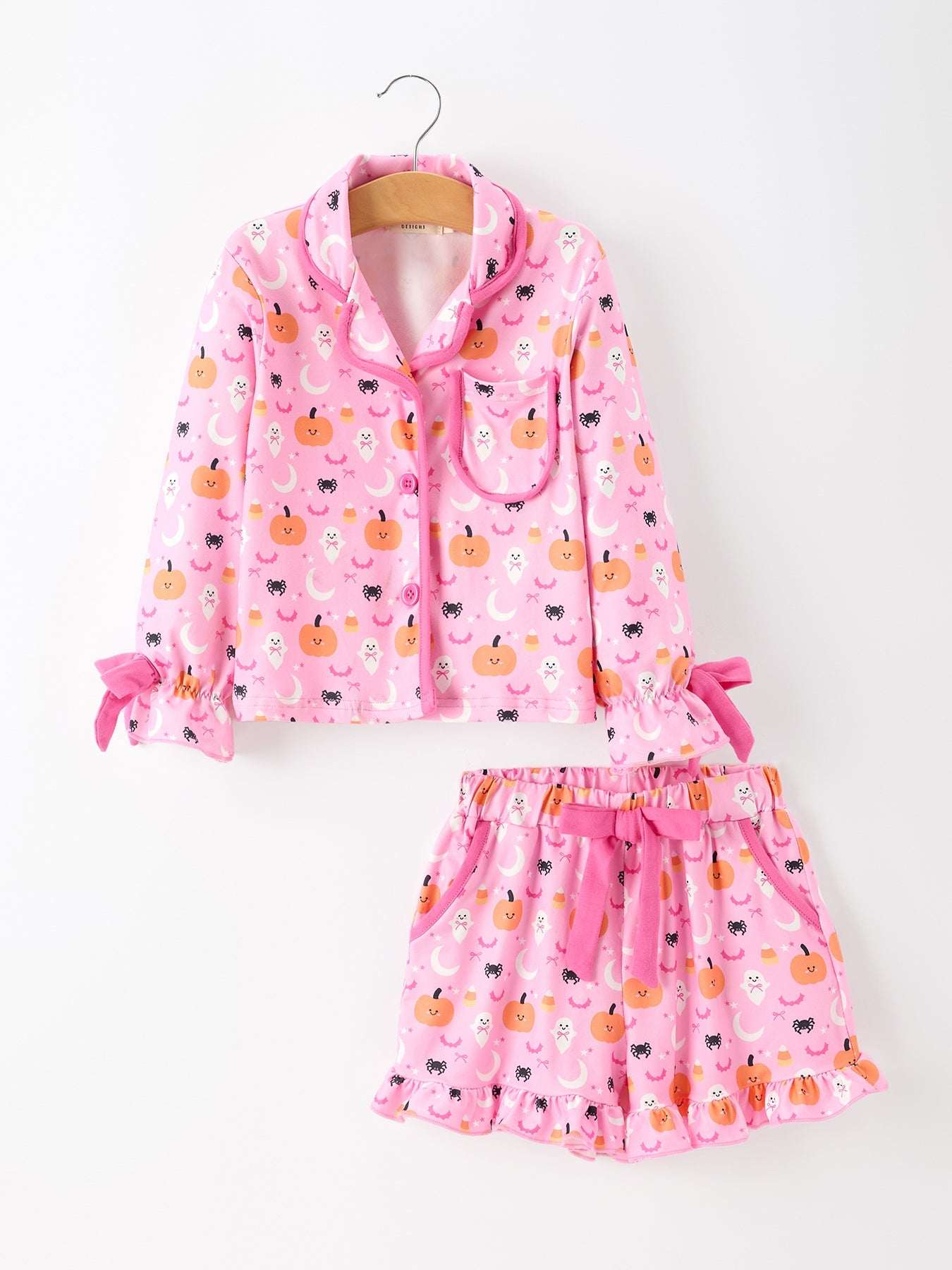 Halloween Pumpkin Ghost Print Girls Pajama Set Long Sleeve Top and Shorts