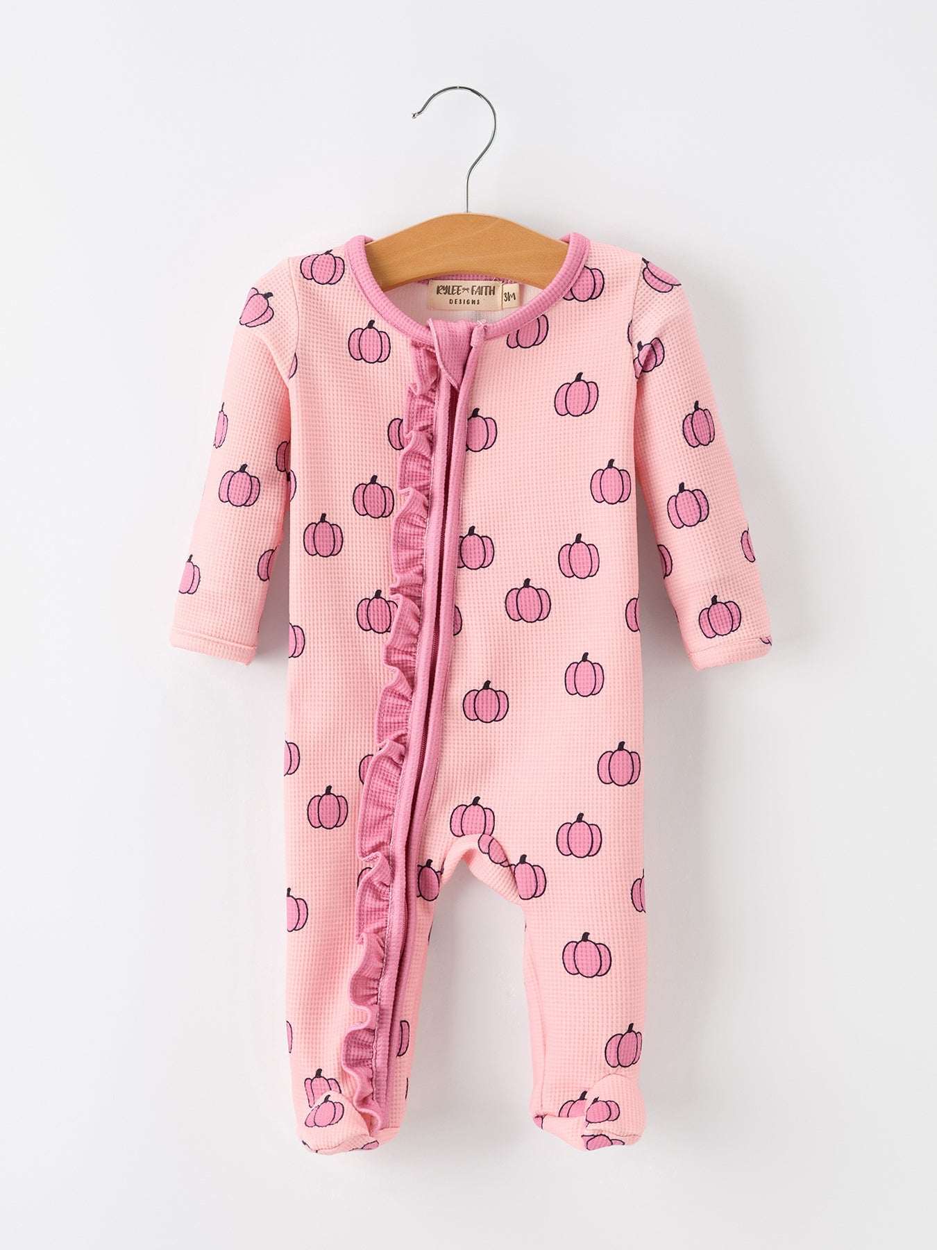 Fall Thanksgiving Pink Pumpkin Ruffle Zip Sleeper Waffle Jumpsuit
