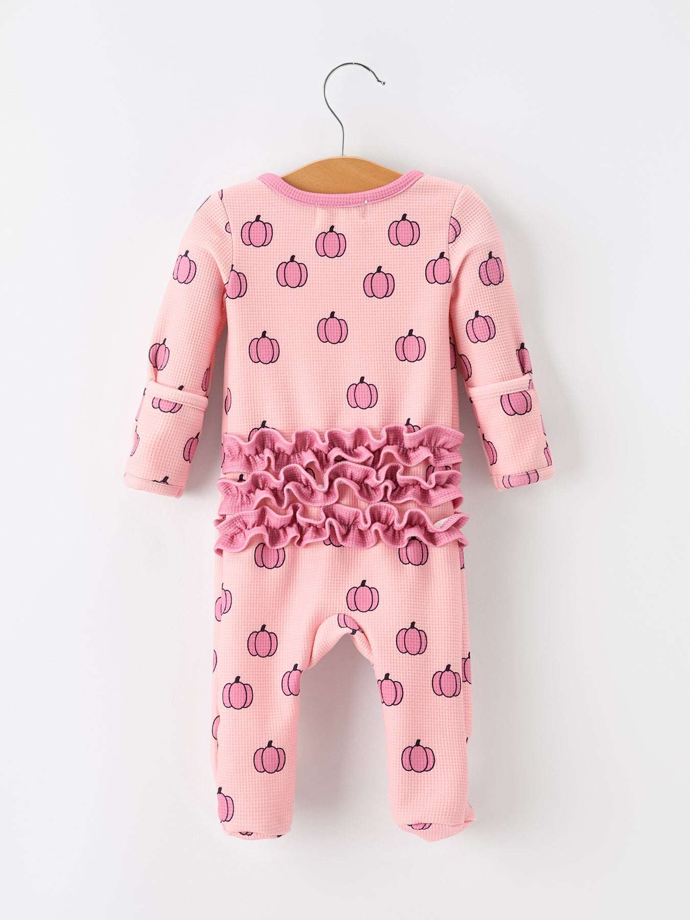Fall Thanksgiving Pink Pumpkin Ruffle Zip Sleeper Waffle Jumpsuit
