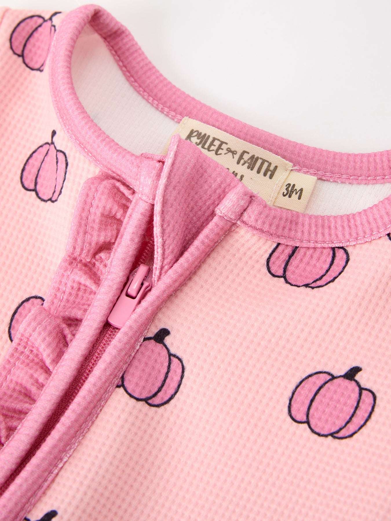 Fall Thanksgiving Pink Pumpkin Ruffle Zip Sleeper Waffle Jumpsuit