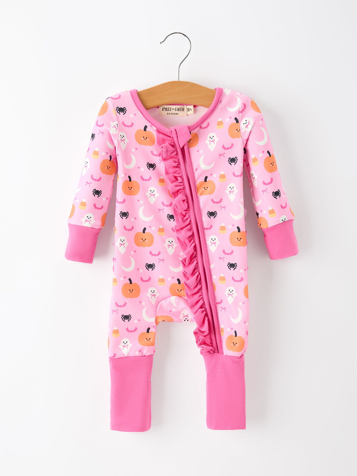 Halloween Pumpkin Ghost Print Baby Girl Pajamas Ruffle Zipper Romper - Rylee Faith Designs - Flyclothing LLC