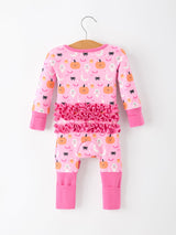 Halloween Pumpkin Ghost Print Baby Girl Pajamas Ruffle Zipper Romper - Rylee Faith Designs - Flyclothing LLC