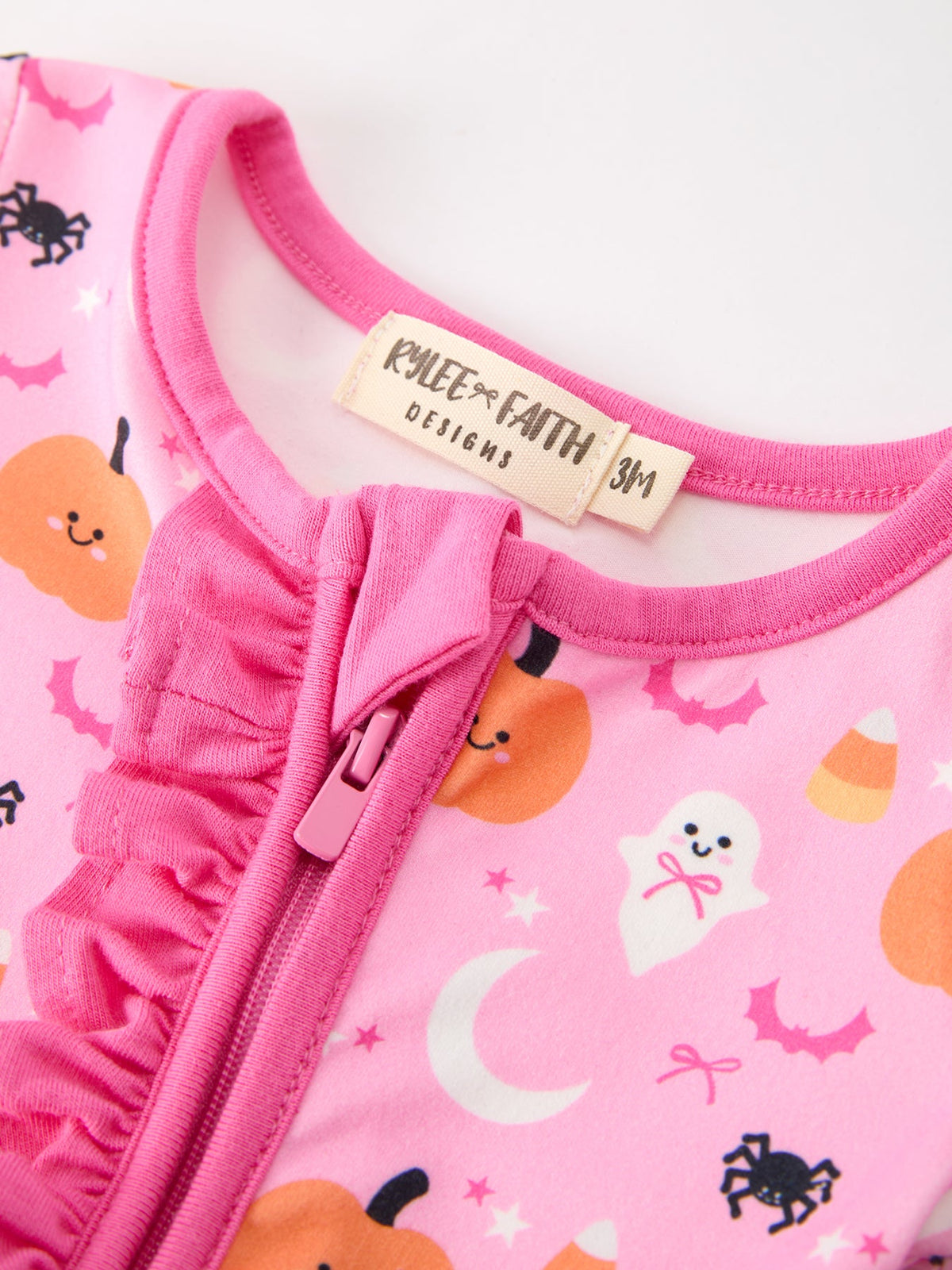 Halloween Pumpkin Ghost Print Baby Girl Pajamas Ruffle Zipper Romper - Rylee Faith Designs - Flyclothing LLC