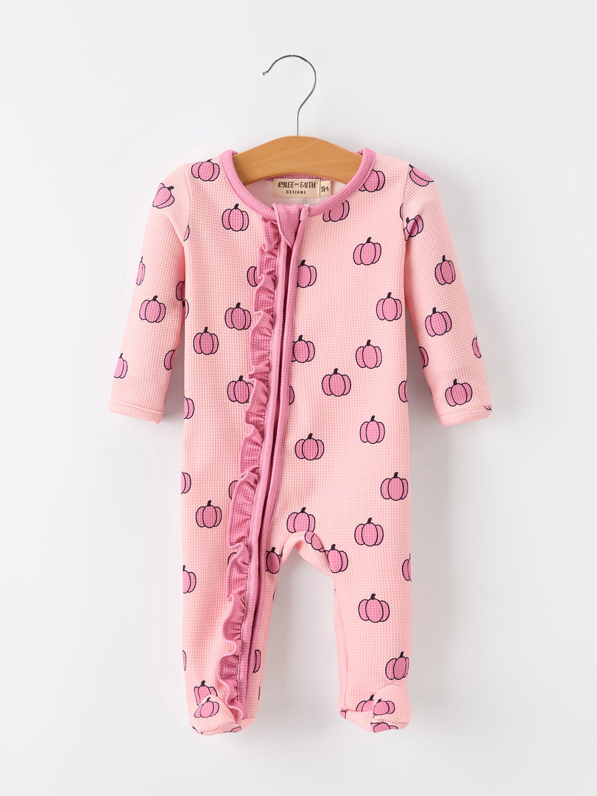Fall Thanksgiving Pink Pumpkin Ruffle Zip Sleeper Waffle Jumpsuit - Rylee Faith Designs - Flyclothing LLC