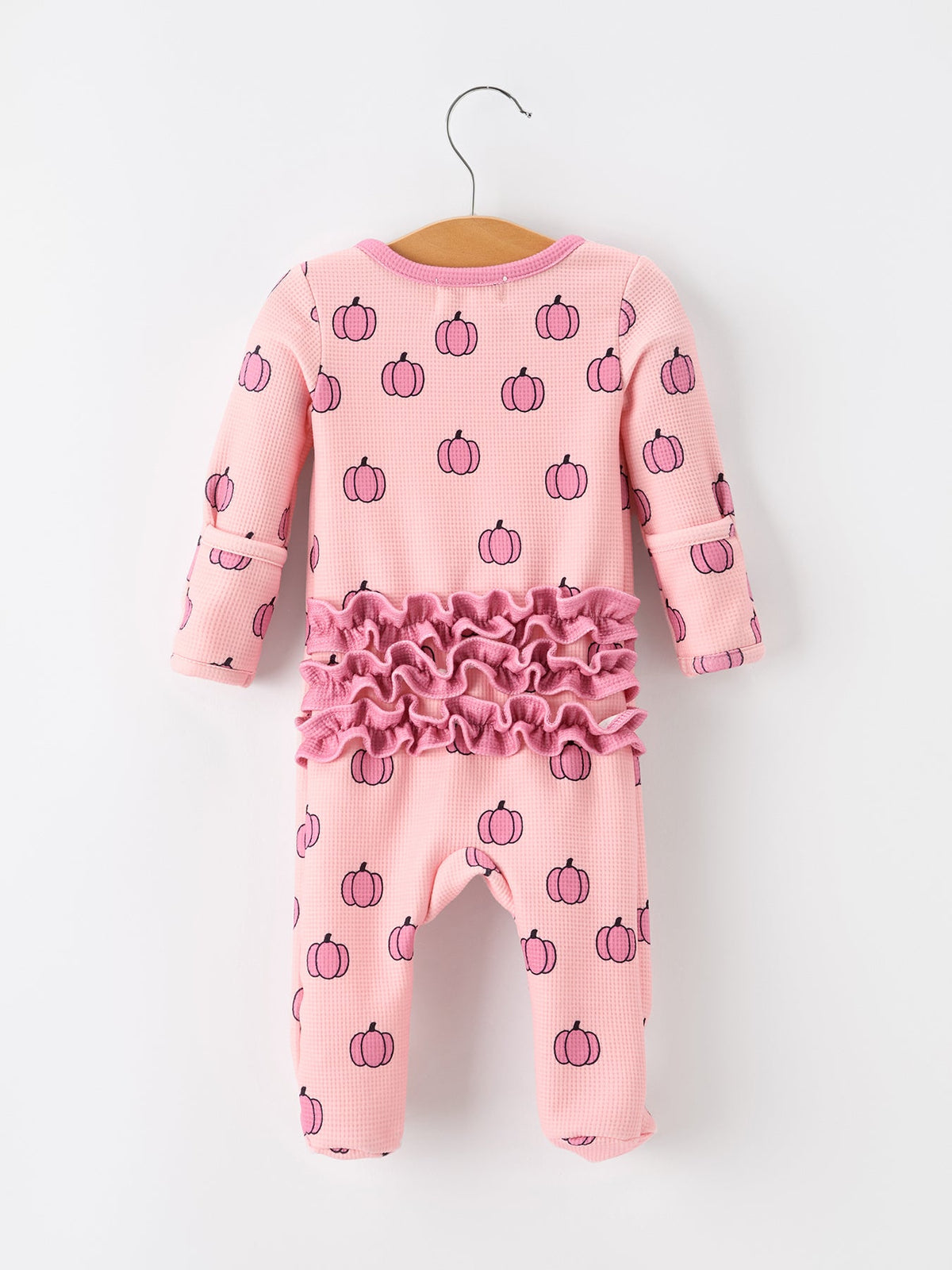 Fall Thanksgiving Pink Pumpkin Ruffle Zip Sleeper Waffle Jumpsuit - Rylee Faith Designs - Flyclothing LLC