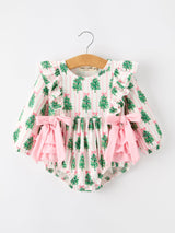 Christmas Tree Print Ruffle Bow Baby Girl Bubble Romper