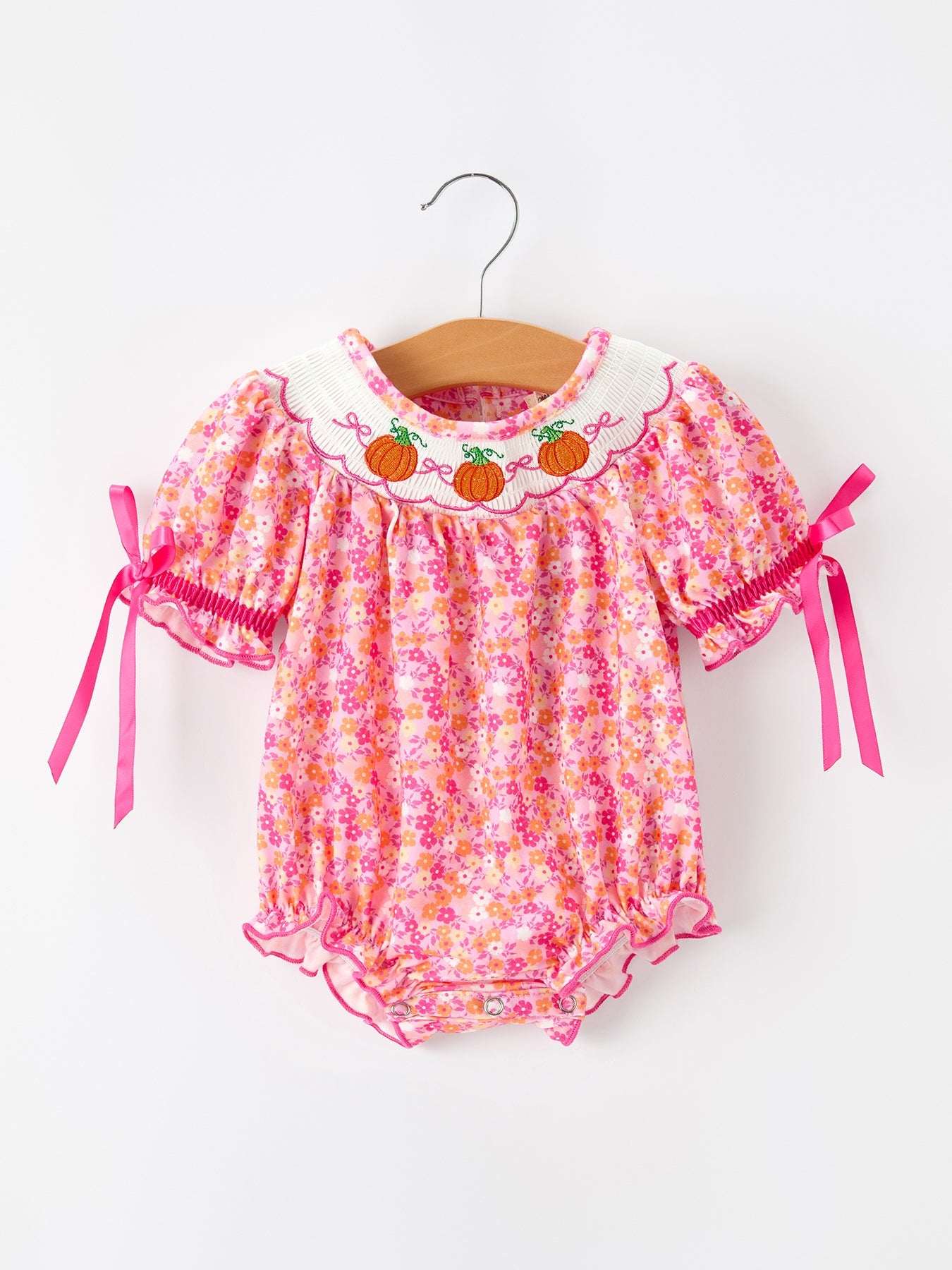 Girls Halloween & Thanksgiving Floral Smocked Bubble Romper